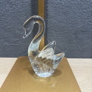 Vintage Clear Glass Swan Figurine Paperweight w/ Controlled Bubbles GLOWS 4"